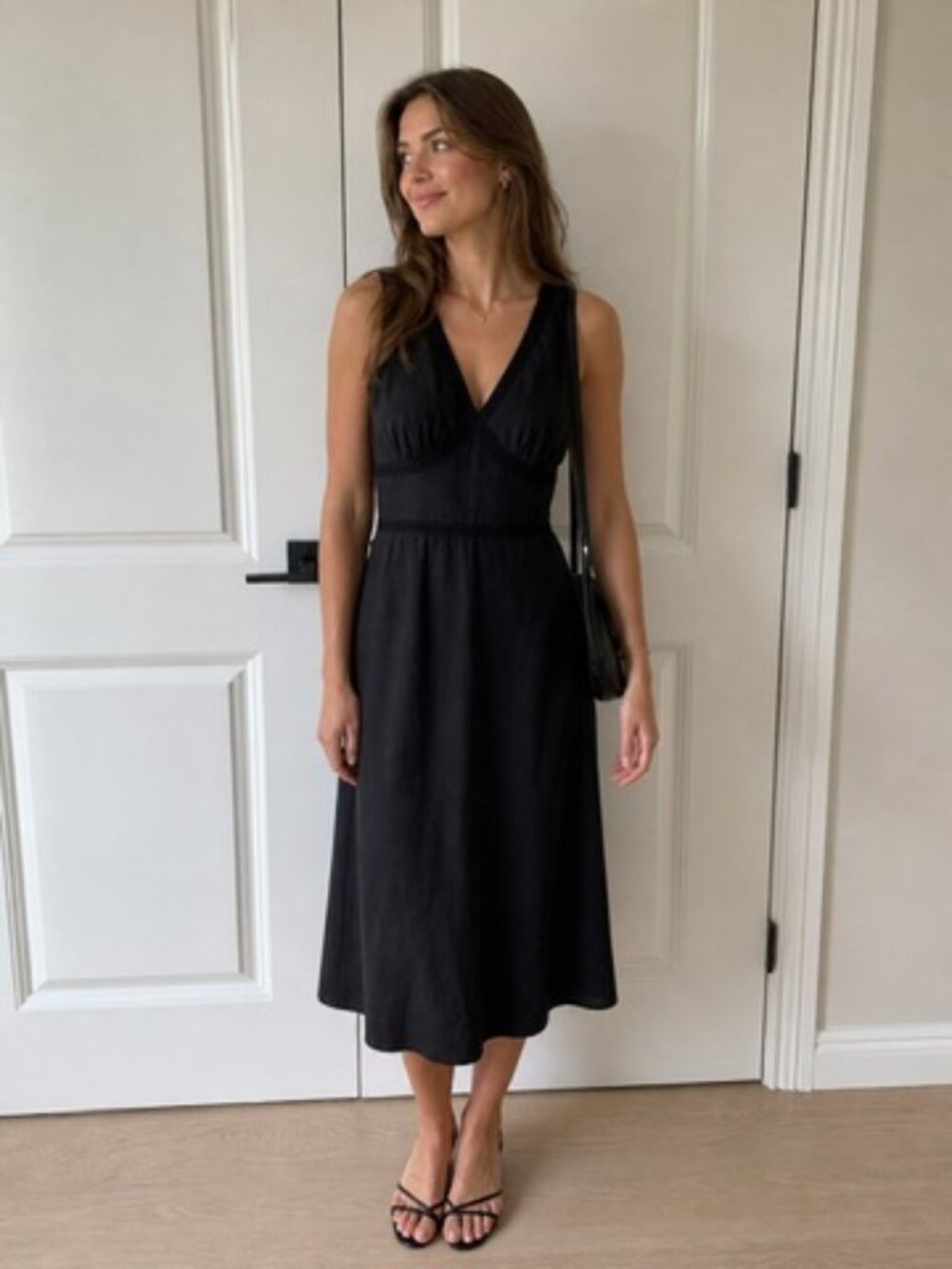 Banana Republic 90s Vintage Black Linen Blend Lace-Trim Midi Dress – Size 0